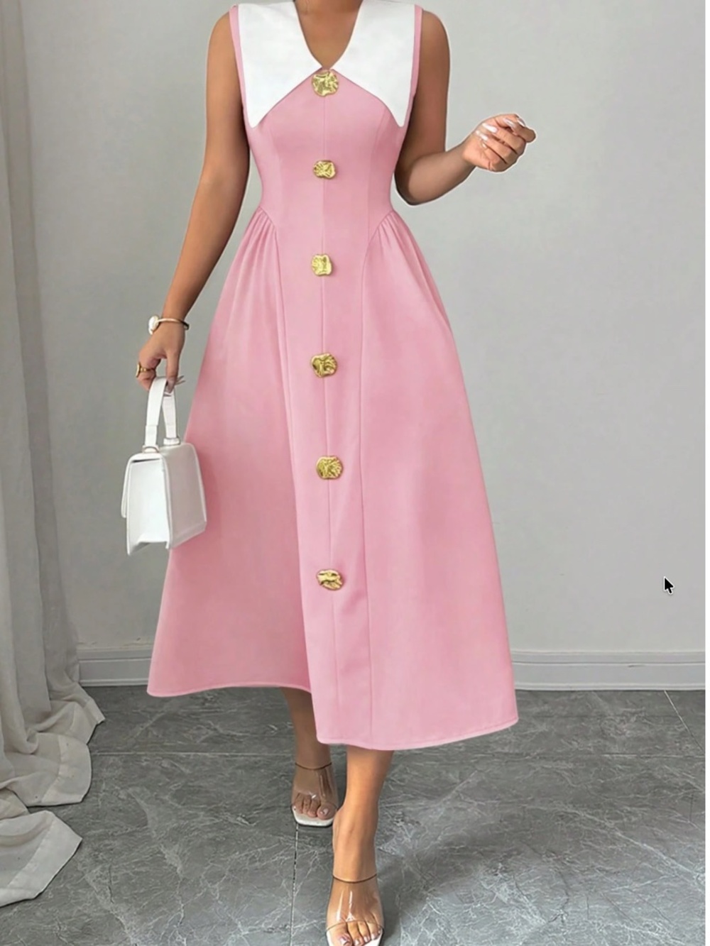 Luxe Solid Button Detail Wide Collar Flared High Waisted Dress - Picture 6 of 11